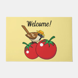 Organic Lover Sparrow Eating Red Tomato Add Text Doormat