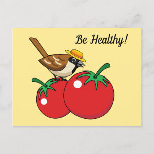 Organic Lover Sparrow Eating Red Tomato Add Text Holiday Postcard