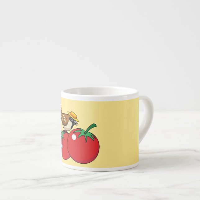 Organic Lover Sparrow Eating Red Tomato Espresso Cup (Front Right)