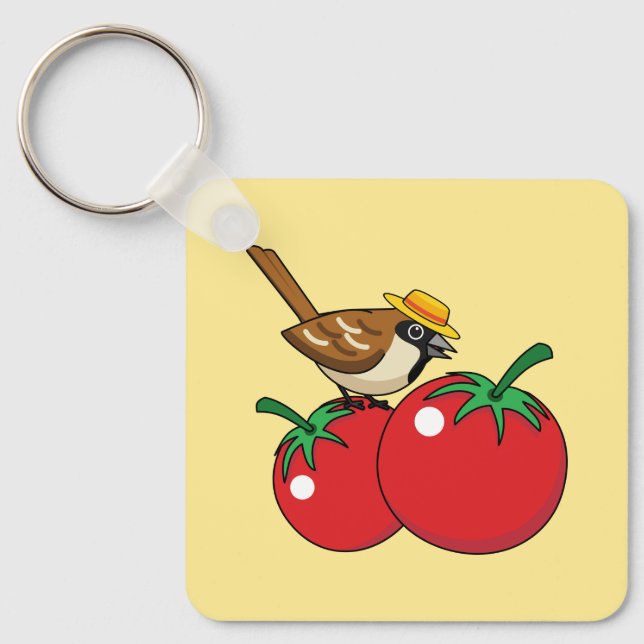 Organic Lover Sparrow Eating Red Tomato Key Ring (Front)