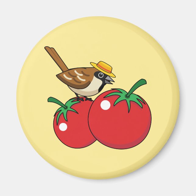 Organic Lover Sparrow Eating Red Tomato Magnet (Front)