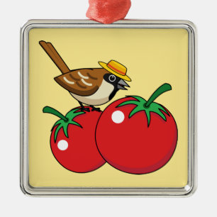 Organic Lover Sparrow Eating Red Tomato Metal Tree Decoration