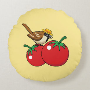 Organic Lover Sparrow Eating Red Tomato Round Cushion