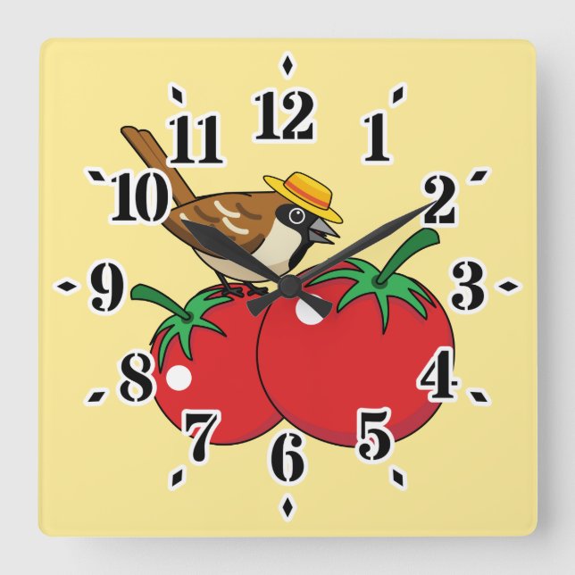 Organic Lover Sparrow Eating Red Tomato Square Wall Clock (Front)