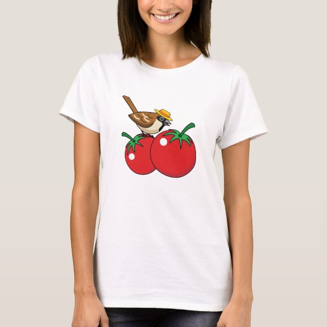 Organic Lover Sparrow Eating Red Tomato T-Shirt (Front)