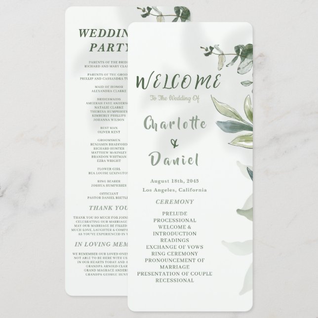 Organic Modern Botanical Wedding Program Card (Front/Back)