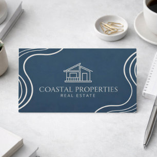 Organic Modern Real Estate Navy Blue Minimalist Business Card