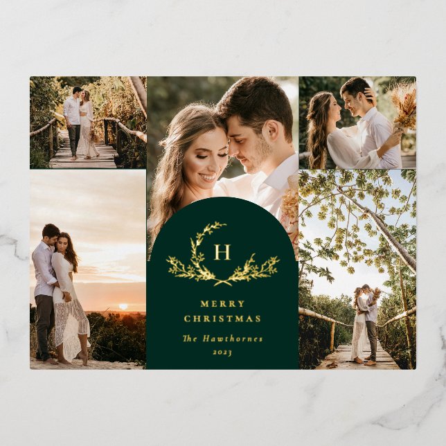 Organic Monogram 5 Photo Foil Holiday Postcard (Front)