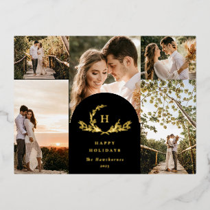 Organic Monogram 5 Photo Foil Holiday Postcard