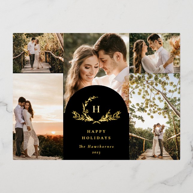 Organic Monogram 5 Photo Foil Holiday Postcard (Front)