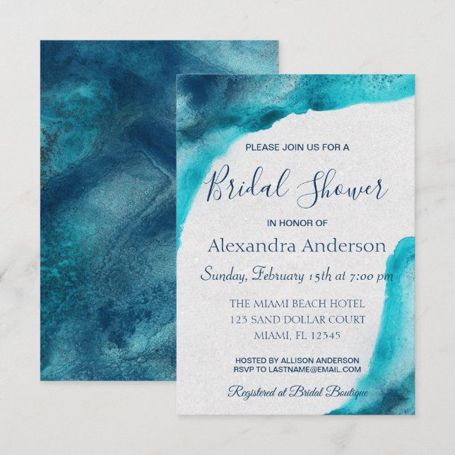 Organic Ocean Blue Watercolor Bridal Shower Invite (Front/Back)