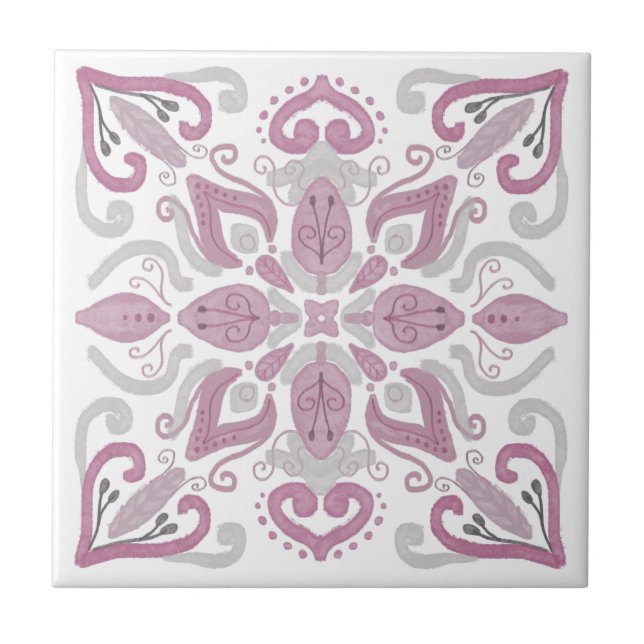 Organic Old Home Watercolor Decor Pink Grey White Tile (Front)