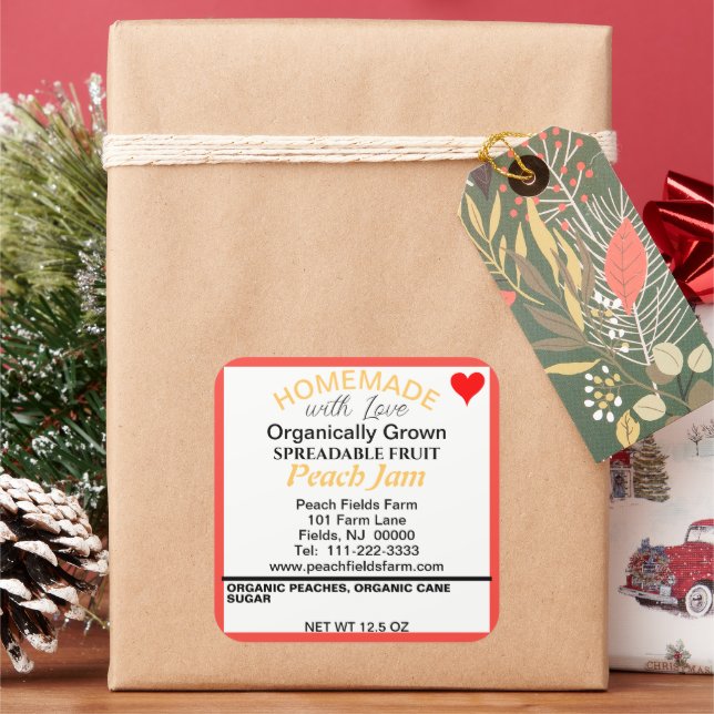Organic Peach Jam Canning Red Heart Square Sticker (Holiday)