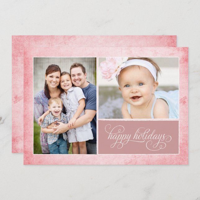 Organic Pink Grunge 2 Photo Holiday Card (Front/Back)