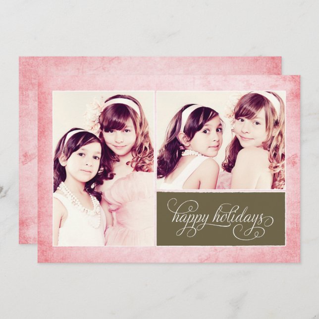Organic Pink Grunge 2 Photo Holiday Card (Front/Back)