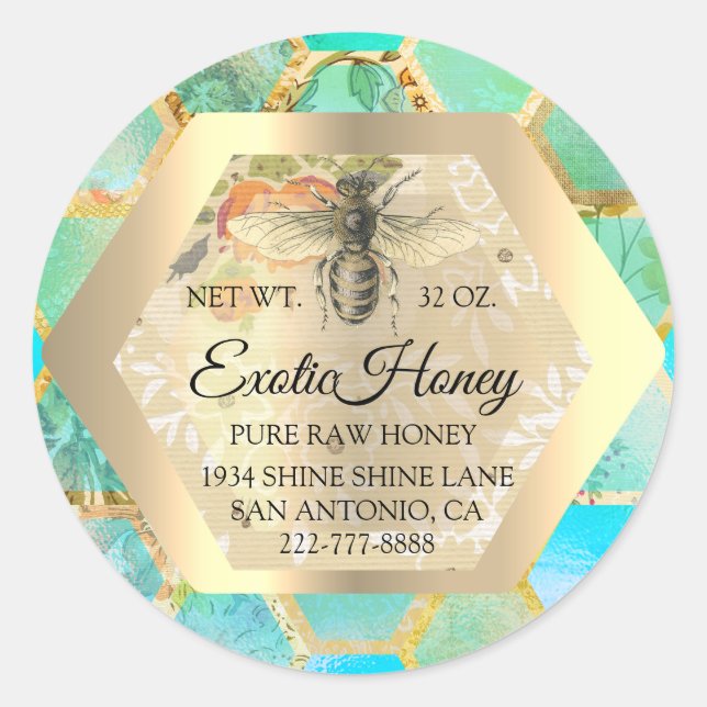 Organic Raw Honey Jar Honeybee Honeycomb Apiary Classic Round Sticker (Front)