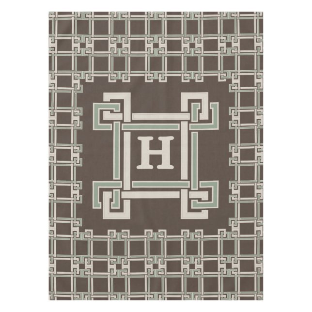 Organic Sage Chocolate Greek Key Monogram Tablecloth (Front)