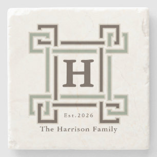 Organic Sage Taupe Monogram Family Name Stone Coaster