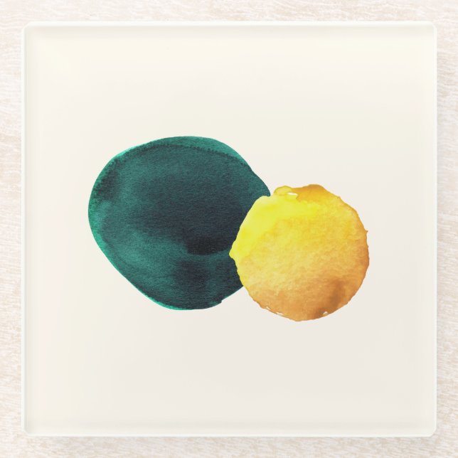 Organic Shape Abstract Watercolor Yellow Green Glass Coaster (Front)