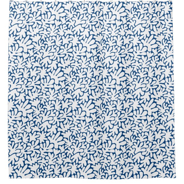 Organic Shapes Abstract 240822 - White on Indigo Shower Curtain (Front)