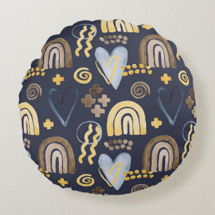 Organic shapes naive pattern with rainbow, heart.  round cushion