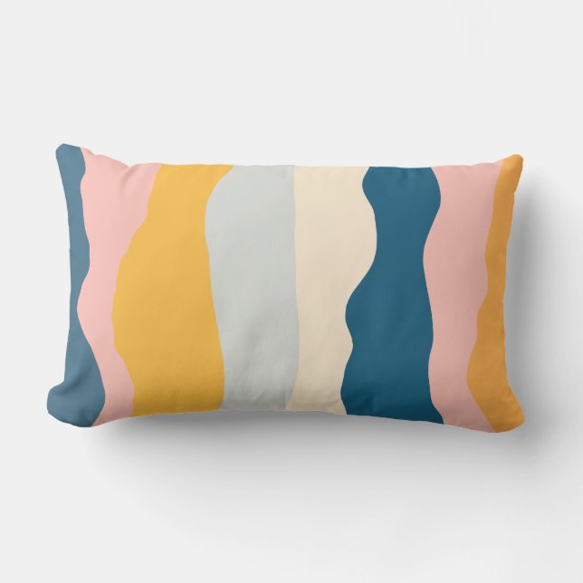 Organic Stripes in Mustard Pink Blue Grey Cream Lumbar Cushion (Front)