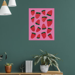 Organic summer strawberries red o pink background poster