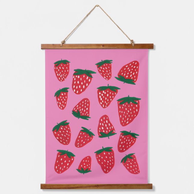 Organic summer strawberries red on pink background hanging tapestry (Front)