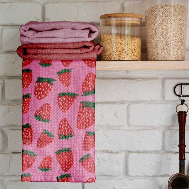 Organic summer strawberries red on pink background tea towel (Creator Uploaded)