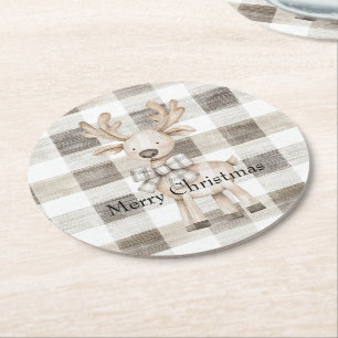 Organic Tan Cream Plaid Stripes Christmas Reindeer Round Paper Coaster