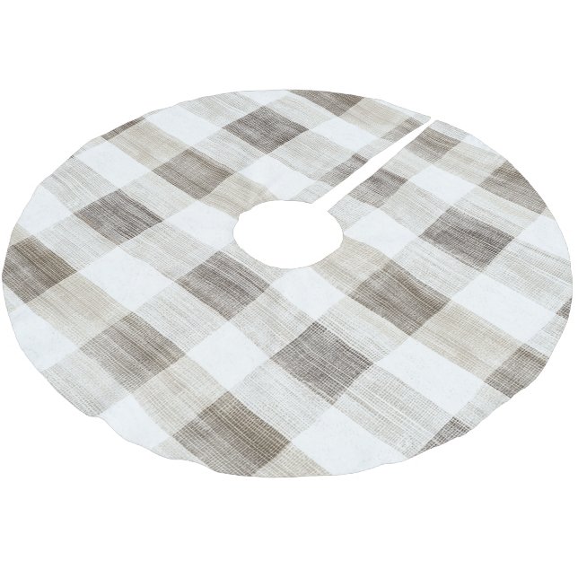 Organic Tan Cream White Plaid Stripes Christmas Brushed Polyester Tree Skirt (Angled)