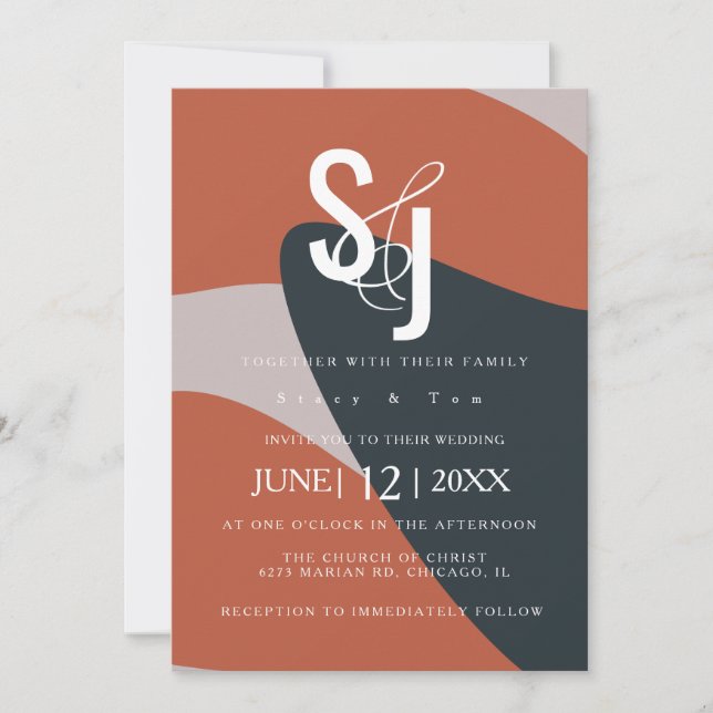 Organic Terracotta Blue Typography Wedding Invitation (Front)