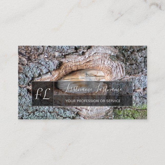 Organic tree bark surface grey rectangle monogram business card (Front)