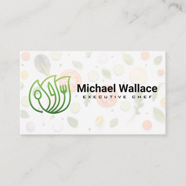 Organic Utensils Logo | Vegetables Background Business Card (Front)