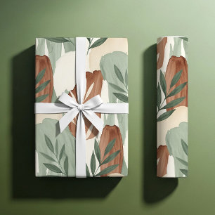 Organic Watercolor Sage Green and Oat Milk Botanic Wrapping Paper