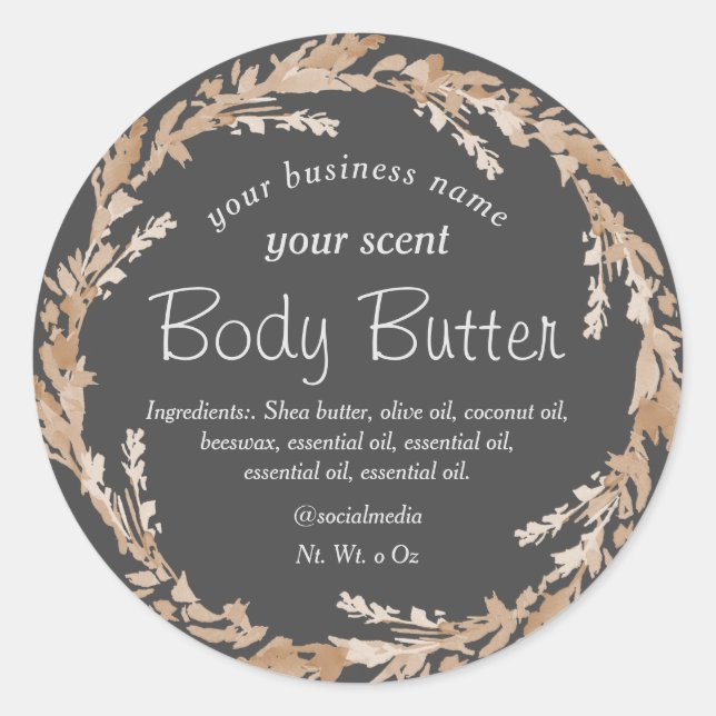 Organic wildflower wreath on grey body butter classic round sticker (Front)
