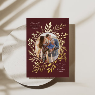 Organic Winter Botanicals Oval Photo Shape Maroon Foil Holiday Card