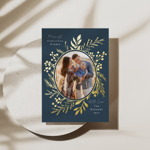 Organic Winter Botanicals Oval Photo Shape Navy Foil Holiday Card