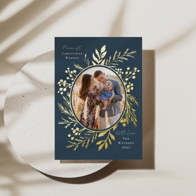 Organic Winter Botanicals Oval Photo Shape Navy Foil Holiday Card (Creator Uploaded)