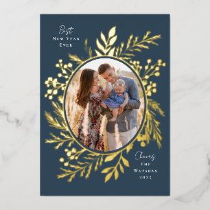 Organic Winter Botanicals Oval Photo Shape Navy Foil Holiday Card