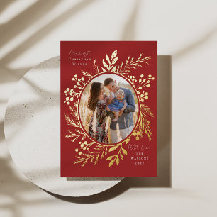 Organic Winter Botanicals Oval Photo Shape Red Foil Holiday Card