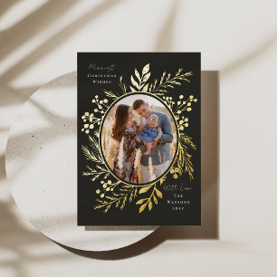 Organic Winter Botanicals Oval Photo Shape Slate Foil Holiday Card