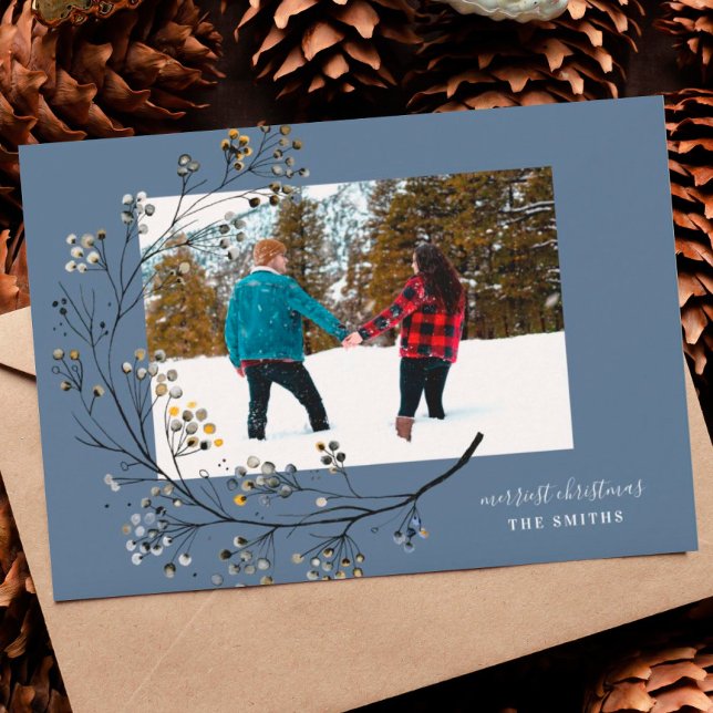 Organic Winter Natural Blue Merry Christmas Photo Holiday Card (Creator Uploaded)