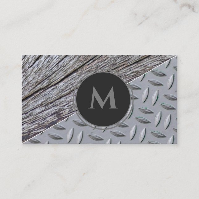 Organic wood surface diamond plate steel monogram business card (Front)