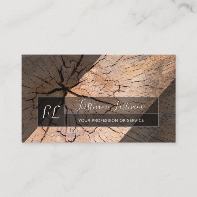 Organic wooden tree disc grey triangle monogram business card (Front)