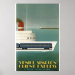 Orient Express Train Ferry Art Deco Poster<br><div class="desc">Reproduction of an Orient Express travel poster. Depicts an idea for a train ferry,  which was never realized. Wonderful Art Deco Style,  in aqua,  blue,  white,  yellow and a red smokestack on the ferry.</div>