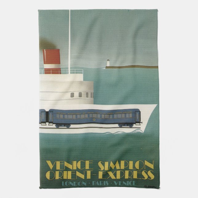 Orient Express Train Ferry Art Deco  Tea Towel (Vertical)