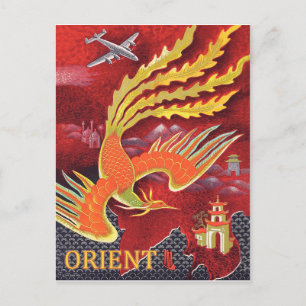 Orient, flying bird over temple postcard