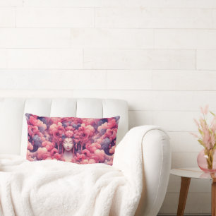 Oriental abstract dreamy Geisha pink clouds Lumbar Cushion