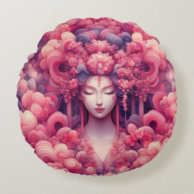 Oriental abstract dreamy Geisha pink clouds Round Cushion (Front)
